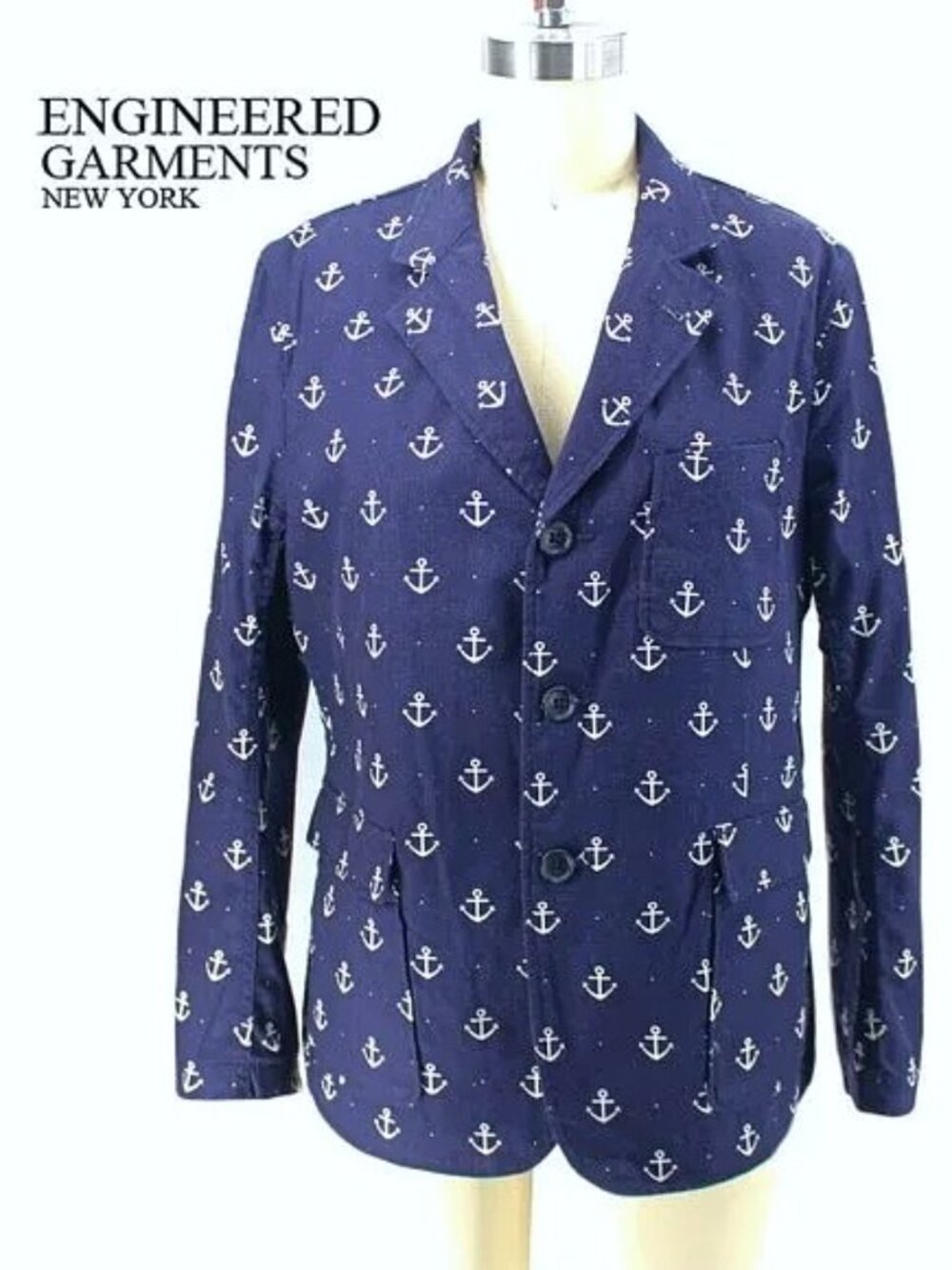 Engineered Garments Baker Jacket Blue Nautical Anchor Print Light Blazer SZ 3 L